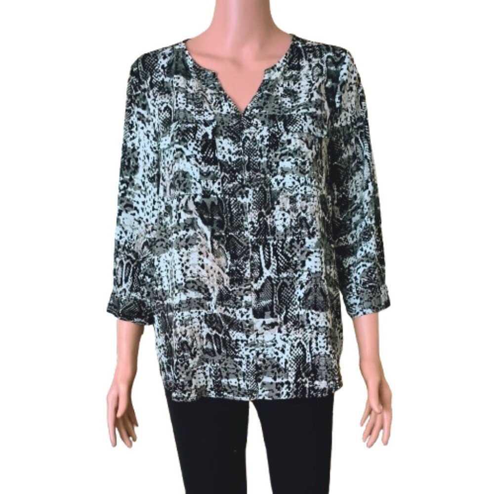 Women's Black & White Tunic Top M Oversize Abstract Spring Blouse. Front Pockets